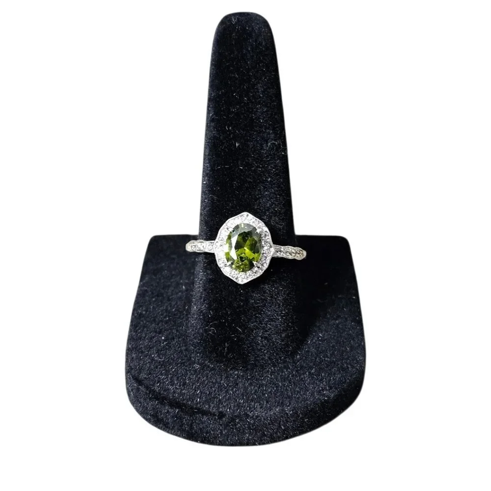 Silver Tone White Topaz Smokey Olive Tourmaline Halo Diamante CZ Ring New Size 7